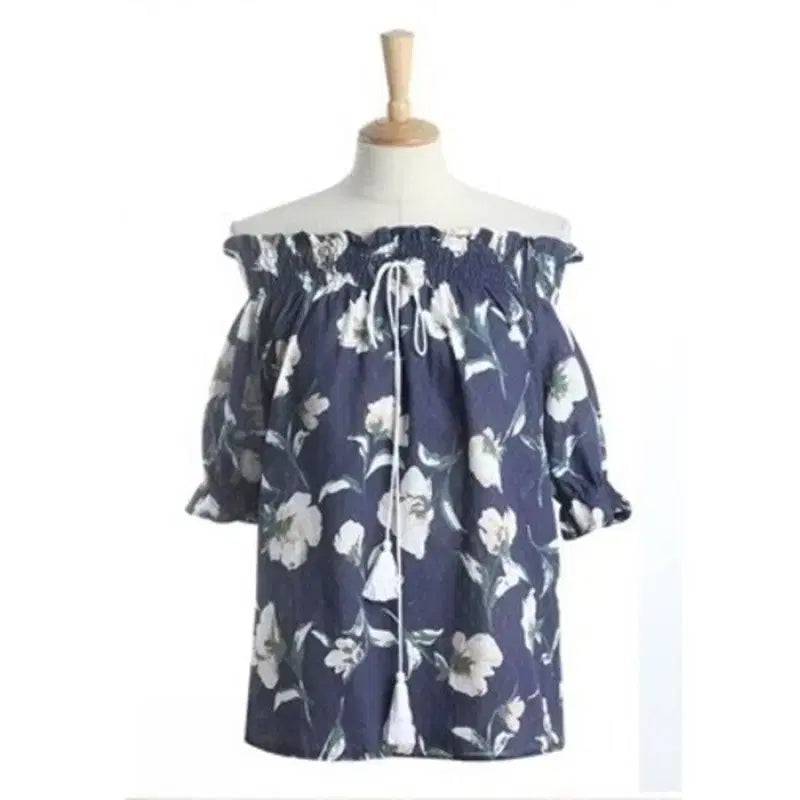 [BUNJANG] Floral Tassel Off-Shoulder Top - Navy / [새상품]플라워 밴딩 수술 끈 오프숄더/네이비