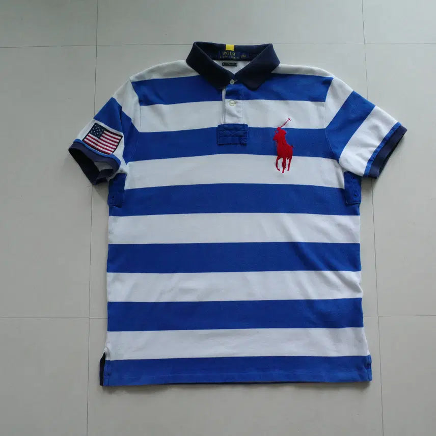 [BUNJANG] Polo Ralph Lauren Stars and Stripes Big Pony Border Pique Shirt / [L] 폴로 성조기 빅포니 보더 피케 셔츠