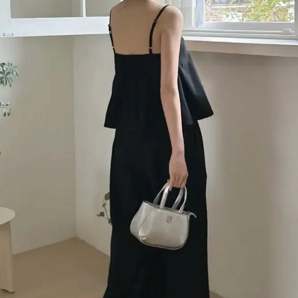 [BUNJANG] Abel Camisole Wide Pants Set - Black / 아벨 끈나시 와이드팬츠 세트 스모크밴딩 투피스 셋업 블랙