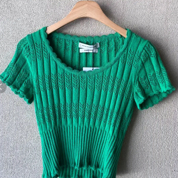 [BUNJANG] Diagonal Martefransois Jober Green Knit T-Shirt / 다이애그널 마르떼프랑소와저버 그린 니트티