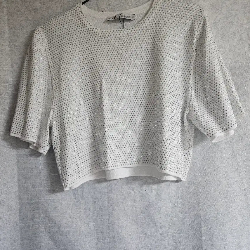 [BUNJANG] Zara White Cubic Short Sleeve Crop Knit / 자라 화이트 큐빅 반팔 크롭 니트