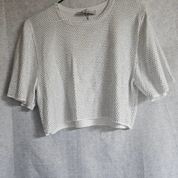 [BUNJANG] Zara White Cubic Short Sleeve Crop Knit / 자라 화이트 큐빅 반팔 크롭 니트