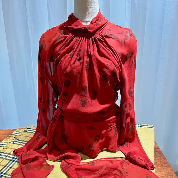 [BUNJANG] Rochas Black Flower Red Chiffon Cowl Neck Drape Blouse / ROCHSA 로샤스 블랙플라워 레드쉬폰 카울넥 드레이프 블라우스