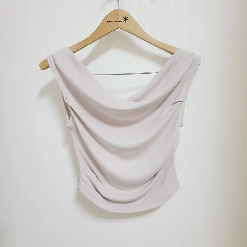 [BUNJANG] Women's Off-Shoulder Drape Spaghetti Strap Crop Top Shirring Grey / 새상품 여성S 55 오프숄더 드레이프 스판 나시크롭티 셔링 그레이 홀복
