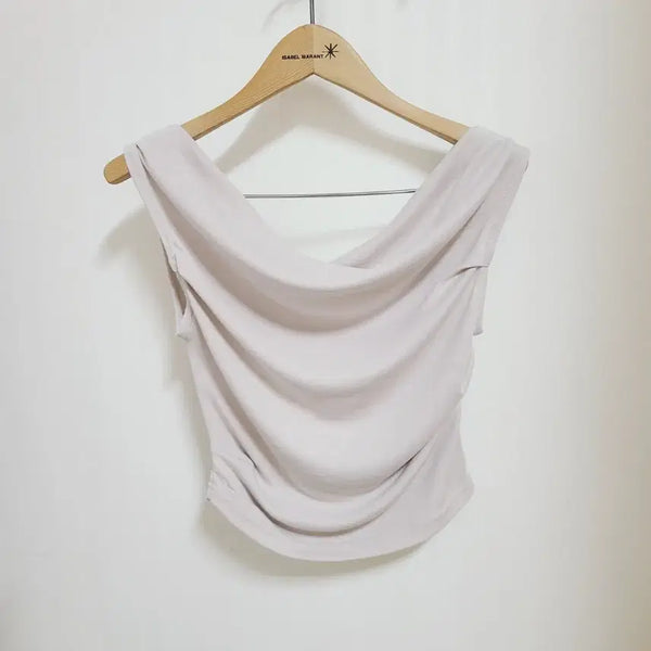 [BUNJANG] Women's Off-Shoulder Drape Spaghetti Strap Crop Top Shirring Grey / 새상품 여성S 55 오프숄더 드레이프 스판 나시크롭티 셔링 그레이 홀복