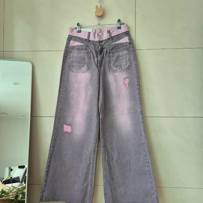 [BUNJANG] HARU Washed Wide Denim Pants with Front Pockets and Back Elastic Waistband / 앞포켓 빈티지 뒷밴딩  투버튼 워싱 와이드 데님 팬츠 s,m 새상품