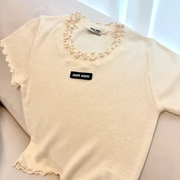[BUNJANG] Miu Miu Ivory Ruffle Short Sleeve Knit / 미우미우 프릴 반팔 니트아이보리