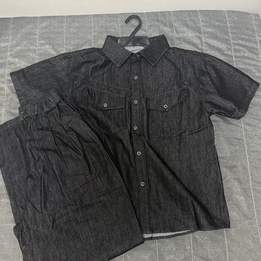 [BUNJANG] Muscle Fit Linen Denim Short Sleeve Shirt Jacket / (새상품)머슬핏 린넨 데님 셔츠 자켓 반팔 셋업가능