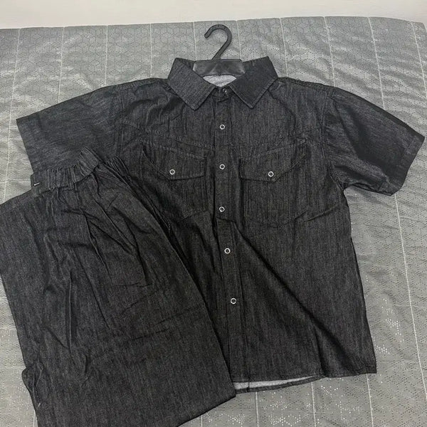 [BUNJANG] Muscle Fit Linen Denim Short Sleeve Shirt Jacket / (새상품)머슬핏 린넨 데님 셔츠 자켓 반팔 셋업가능