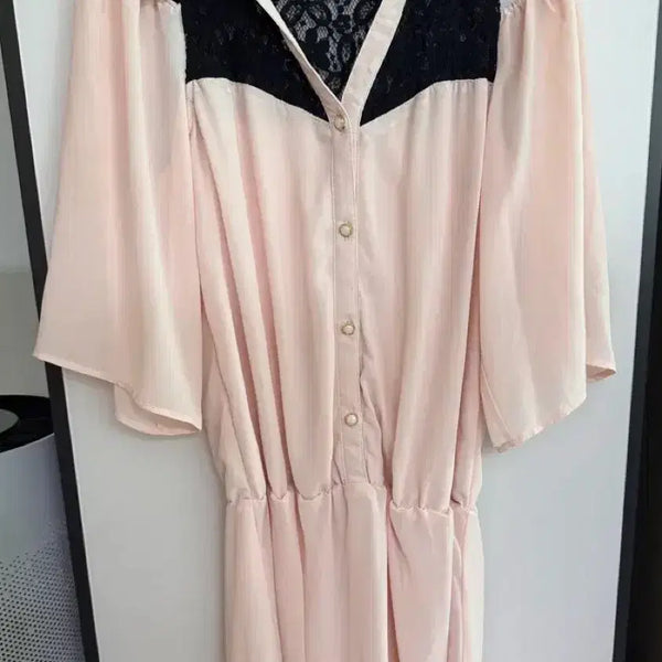 [BUNJANG] Vintage Onegyaru Style Pink Blouse Dress with Black Lace Detail / 빈티지 오네갸루 깔 블라우스 원피스