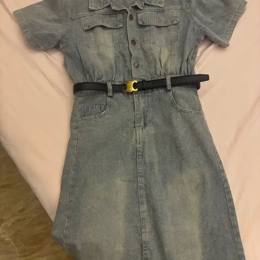[BUNJANG] Denim Shirt Dress with Belt / 청 데님 셔츠 원피스 벨트 포함