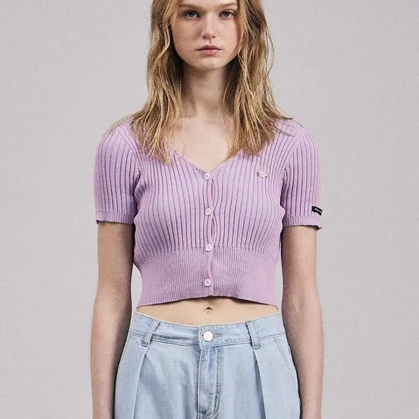 [BUNJANG] Ordinary Holiday V-Neck Two-Tone Cardigan Pink Short Sleeve Knit / 오디너리홀리데이 브이넥 투톤 가디건 핑크 택있는 새상품 반팔 니트 가디건