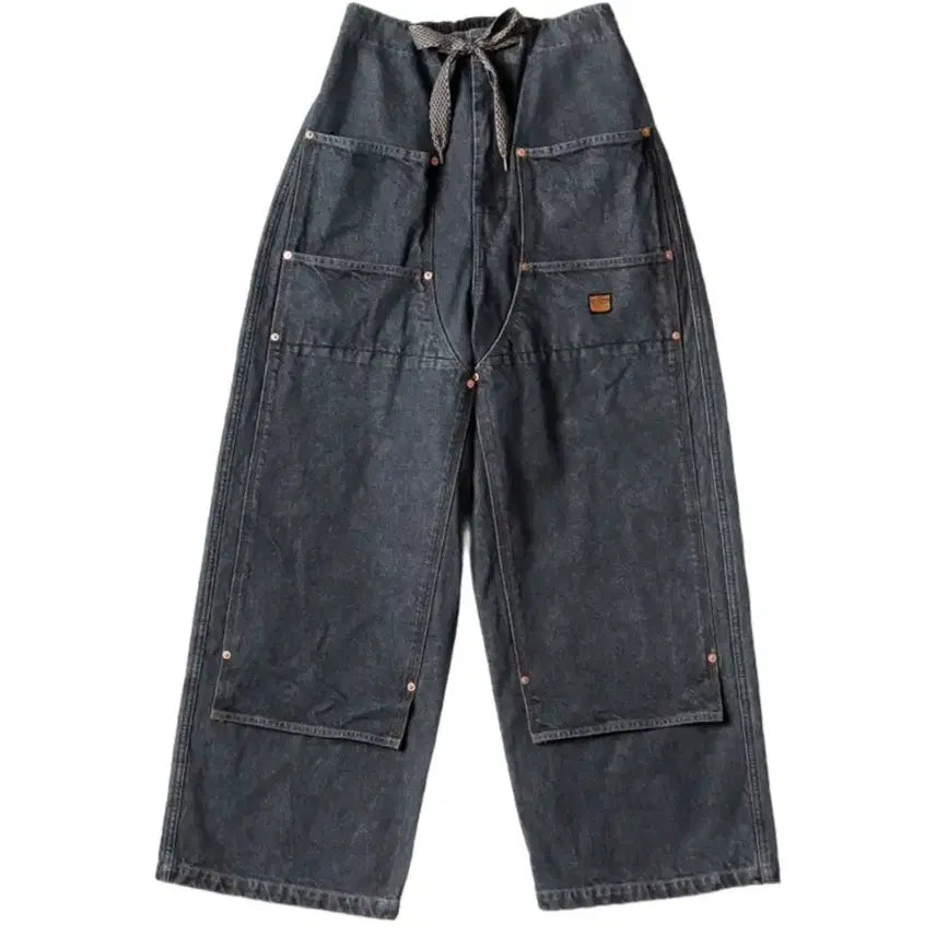 [BUNJANG] Kapital 14oz Denim Double Knee Easy Baggy Pants Black Kinari / 캐피탈 14온즈 데님 더블 니 이지 배기 팬츠 블랙 키나리