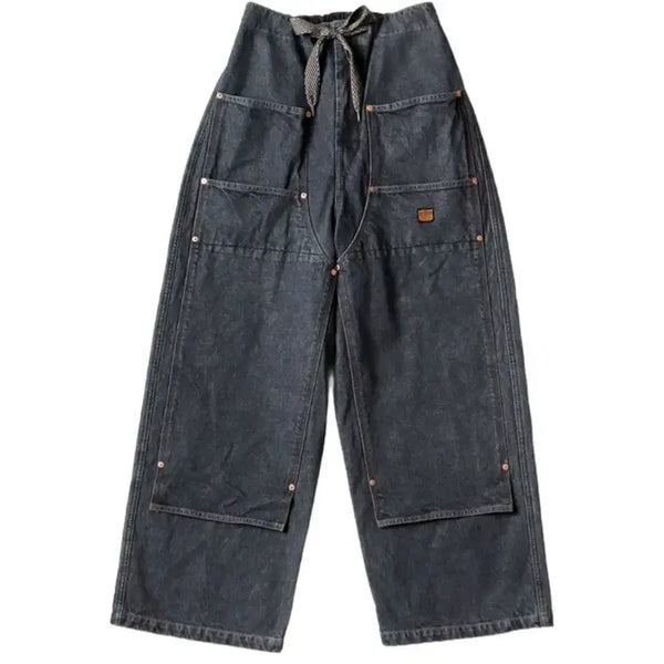 [BUNJANG] Kapital 14oz Denim Double Knee Easy Baggy Pants Black Kinari / 캐피탈 14온즈 데님 더블 니 이지 배기 팬츠 블랙 키나리