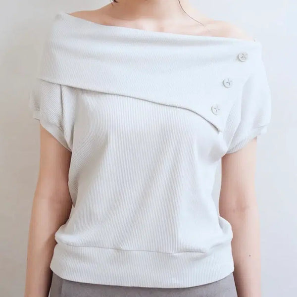 [BUNJANG] Off-Shoulder Button Wide Collar T-Shirt Gray / 새상품 오피쉬 버튼 와이드 칼라 티셔츠 그레이 오프숄더