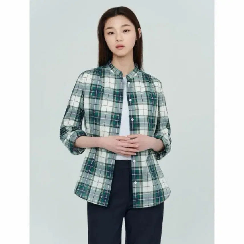 [BUNJANG] Beanpole Ladies Green Check Band Neck Volume Blouse / 빈폴 레이디스 그린 체크 밴드넥 볼륨 블라우스 S