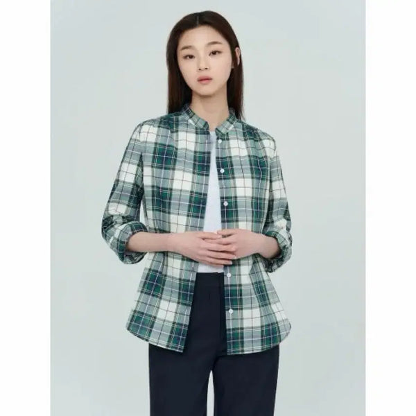 [BUNJANG] Beanpole Ladies Green Check Band Neck Volume Blouse / 빈폴 레이디스 그린 체크 밴드넥 볼륨 블라우스 S