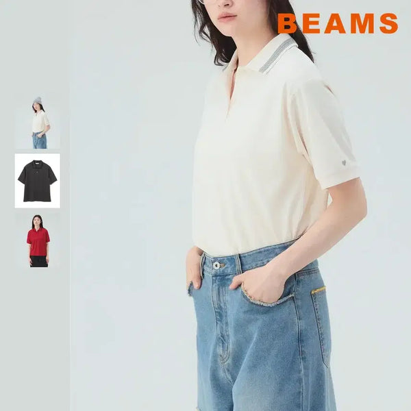 [BUNJANG] BEAMS Heart Color Block Lace Polo Shirt / 빔즈 하트 배색 레이스 폴로셔츠
