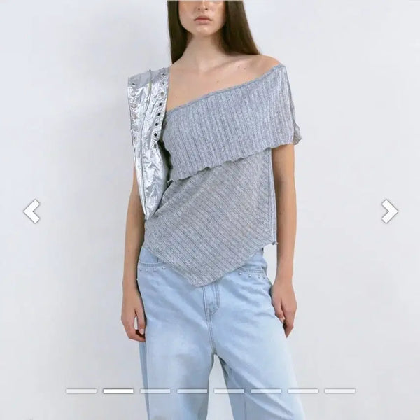 [BUNJANG] Polysooem Linen Ribbed Off-Shoulder Frill Knit - Gray / 폴리수엠 Polysooem 린넨 골지 오프숄더 프릴 니트 그레이