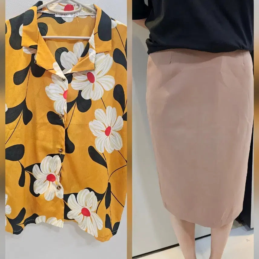 [BUNJANG] Summer Floral Blouse & Beige Midi Skirt Set / ** 휴가철 여름 꽃 블라우스 + 베이지 미디 스커트 일괄!