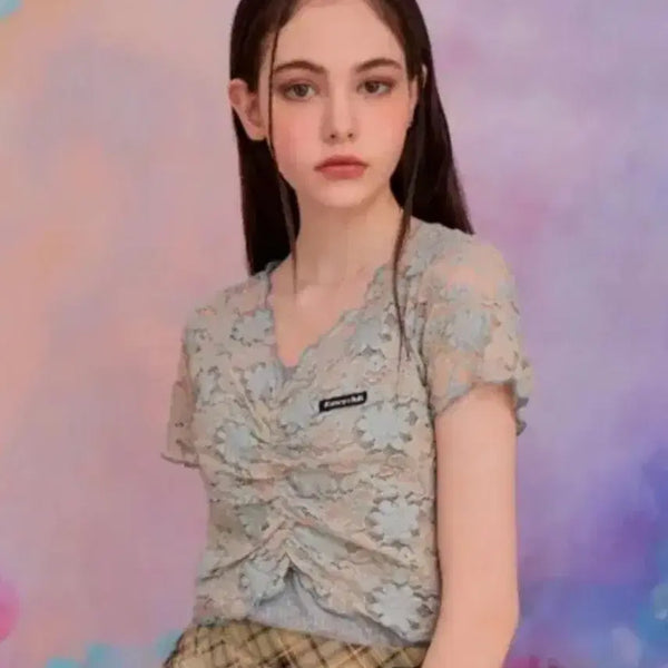 [BUNJANG] Fancy Club Lace Shirring Cropped T-shirt Blue Floral / 팬시클럽 레이스 셔링 크롭티 블루 플라워 레이스 펀칭 반팔 크롭 티셔츠
