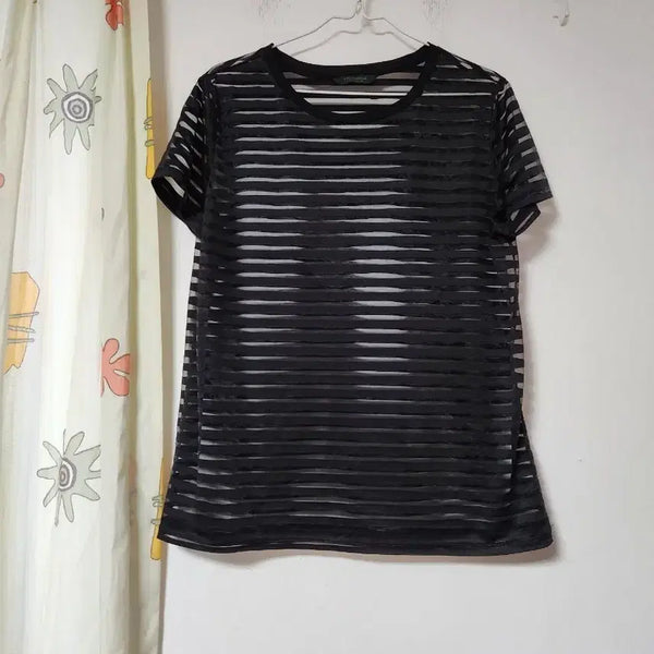 [BUNJANG] Crocodile Lady See-through Striped Short-Sleeve T-Shirt / 크로커다이얼 레이디  시스루 반팔 티셔츠 100