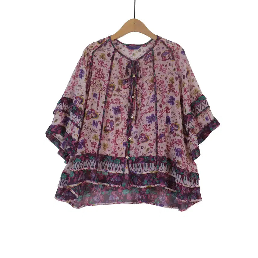 [BUNJANG] Anna Sui Floral See-through Chiffon Blouse Jacket Pink Size 77 / ANNA SUI 시스루 플라워 블라우스 자켓 77 핑크 쉬폰