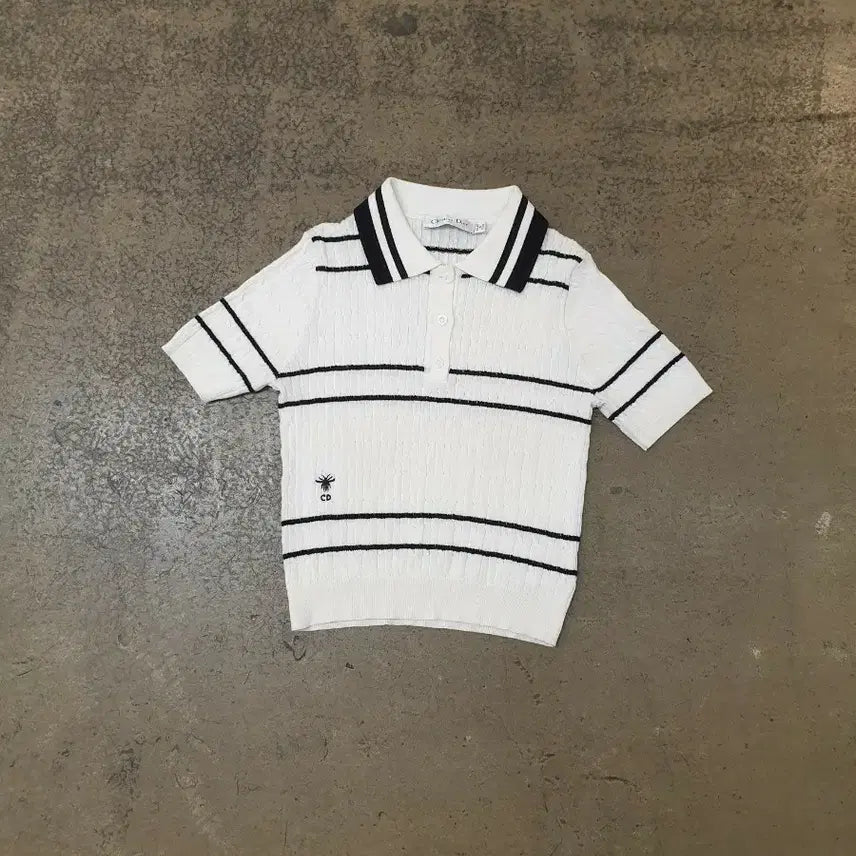 [BUNJANG] Christian Dior White Black Stripe Knit Polo Shirt / 크리스챤 디올 화이트 블랙 스트라이프 니트 폴로티