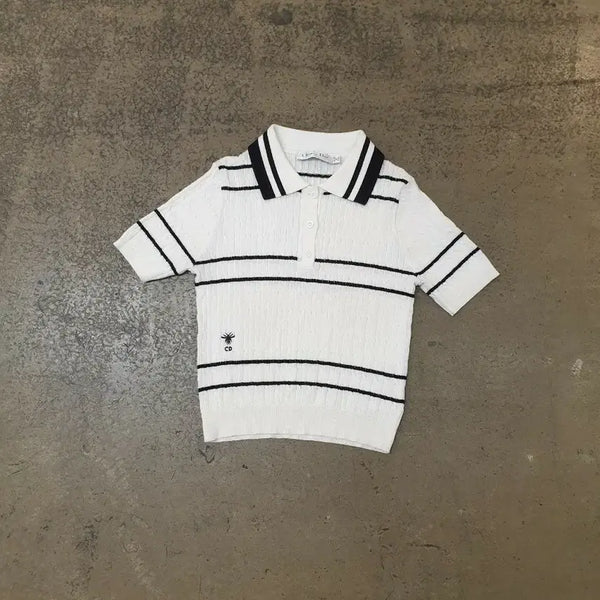 [BUNJANG] Christian Dior White Black Stripe Knit Polo Shirt / 크리스챤 디올 화이트 블랙 스트라이프 니트 폴로티