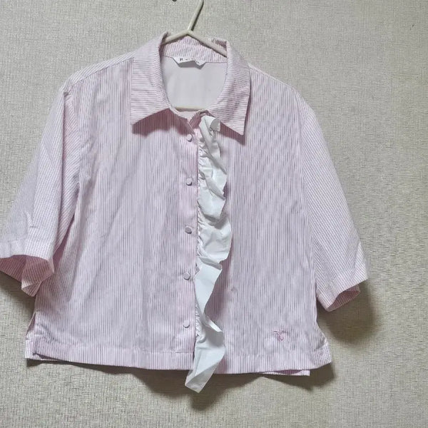 [BUNJANG] It MICHAA Pink Stripe Frill Blouse / 잇미샤 핑크 스트라이프 프릴 블라우스