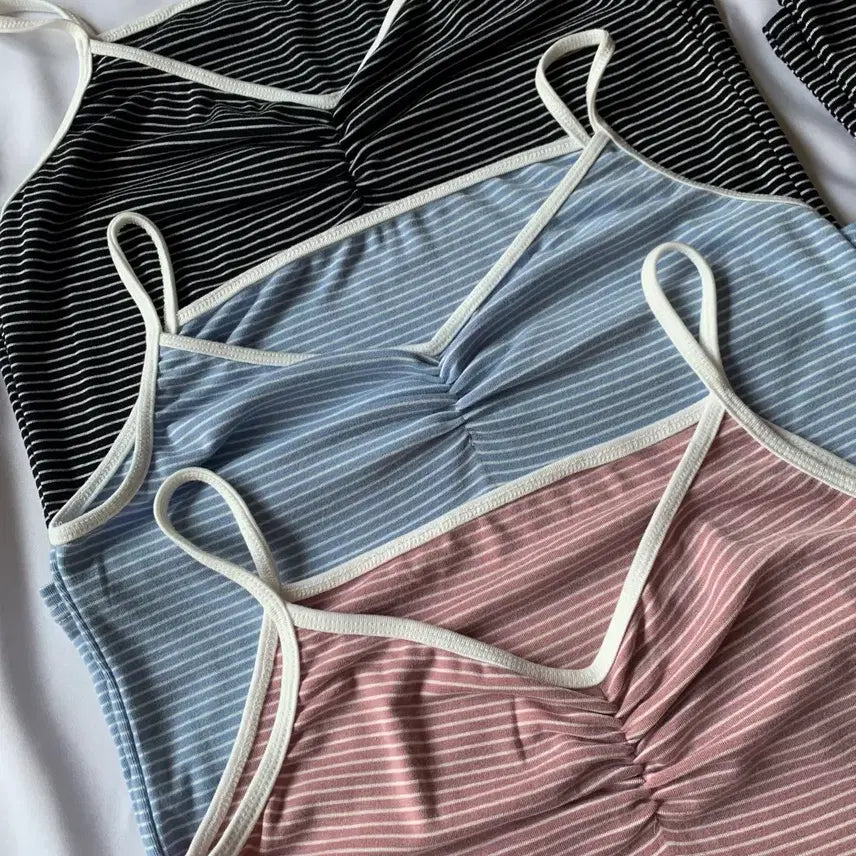 [BUNJANG] Ruched Contrast Stripe Slim Camisole / 셔링 배색 스트라이프 끈나시 슬림 나시 (새상품)