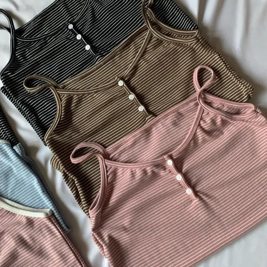 [BUNJANG] Slim Striped Button Sleeveless Top / 슬림 스트라이프 단추 나시 (새상품)