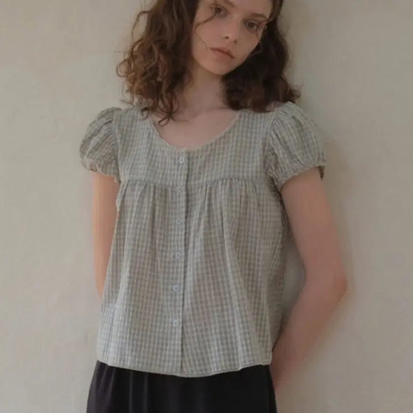 [BUNJANG] Our Nostalgia Checkered Blouse / 아우어노스텔지아 체크 블라우스