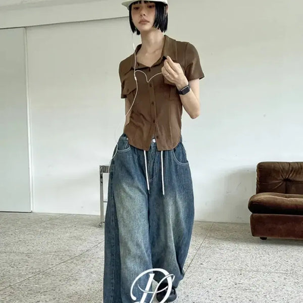 [BUNJANG] Dangdangirl Two-Pocket Slim Fit Short Sleeve Shirt / 당당걸 제시 투포켓 슬림핏 마스코트 반팔 셔츠