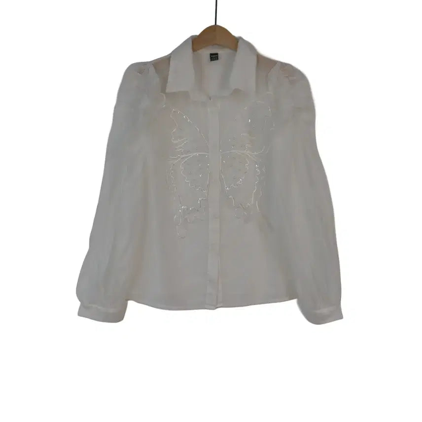 [BUNJANG] SHEIN White Butterfly Embroidery See-through Blouse with Puff Sleeves / SHEIN S 시스루 나비 자수 블라우스 화이트 퍼프소매