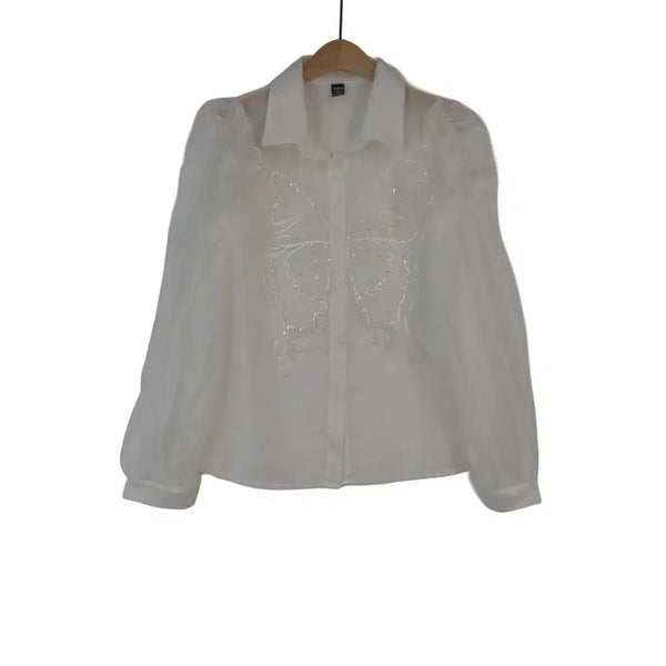 [BUNJANG] SHEIN White Butterfly Embroidery See-through Blouse with Puff Sleeves / SHEIN S 시스루 나비 자수 블라우스 화이트 퍼프소매