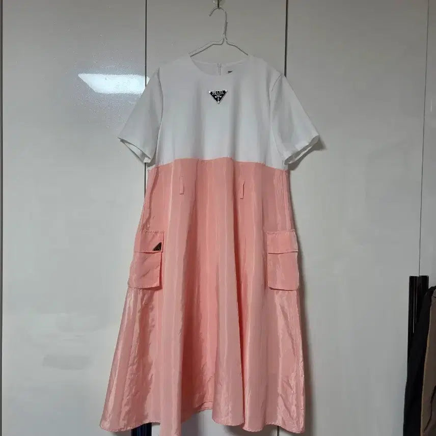 [BUNJANG] White & Pink Colorblock Short Sleeve Maxi Dress / 럭셜 화이트 핑크 배색 반팔 원피스