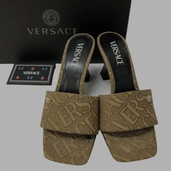 [BUNJANG] Versace Medusa Logo Canvas Heeled Sandals Beige / 베르사체 VERSACE 메두사 230 베이지 로고 캔버스 힐 샌들 여성