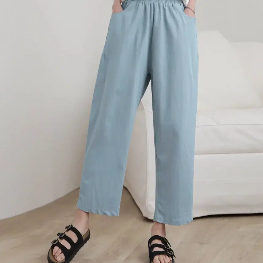[BUNJANG] Summer Baggy Fit Bending Pants Light Blue Wash / 새상품급) 여름 배기핏 밴딩 팬츠 연청