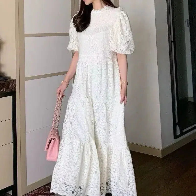 [BUNJANG] White Lace Puff Sleeve Long Dress / (새상품) 화이트 레이스 퍼프소매 롱 원피스