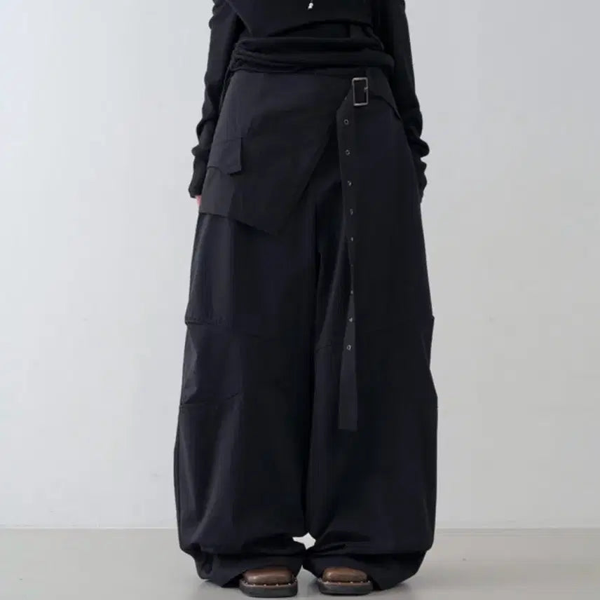 [BUNJANG] Cotton Wide Pants with Belt (Black) / 랩 벨트 코튼 와이드 팬츠 블랙