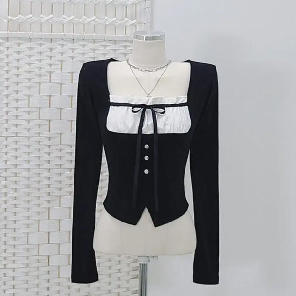 [BUNJANG] Ribbon Button Crop Long Sleeve T-Shirt / 리본 단추 크롭 긴팔 티셔츠 일체형 발레코어 공겜 갸루 시즈니룩 국내제작