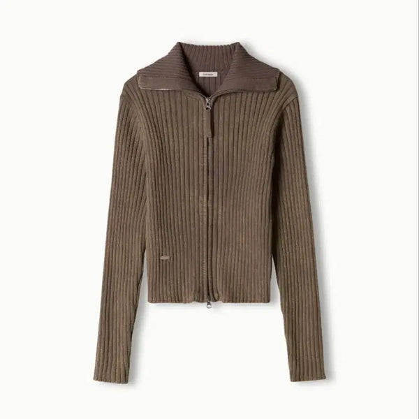 [BUNJANG] Abimua Washed Slim Rib Highneck Cardigan (Brown) / 새상품) 아비에무아 워시드 슬림 립 하이넥 가디건 (브라운)