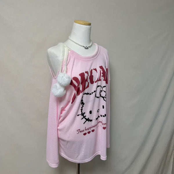 [BUNJANG] Hello Kitty One Shoulder Ponpon Pink Long Sleeve T-Shirt / 헬로키티 원숄더 퐁퐁 핑크 롱슬리브 티셔츠 키치 y2k 갸루