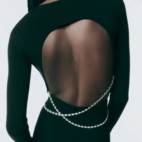[BUNJANG] Zara Crystal Chain Backless Crop Knit Top (New) / 새상품 자라 크리스탈 체인 백리스 크롭 니트 탑 긴팔 S 55