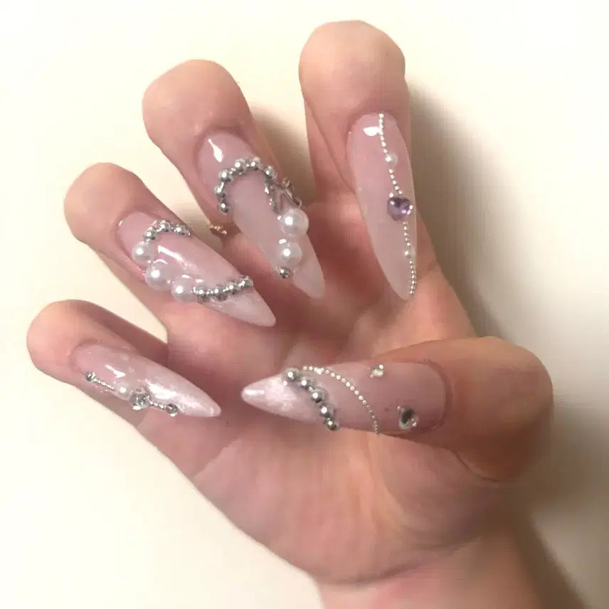 [BUNJANG] Handmade Pearl Heart Chain Nail Tips / 수제 네일팁 진주 하트 체인 네일