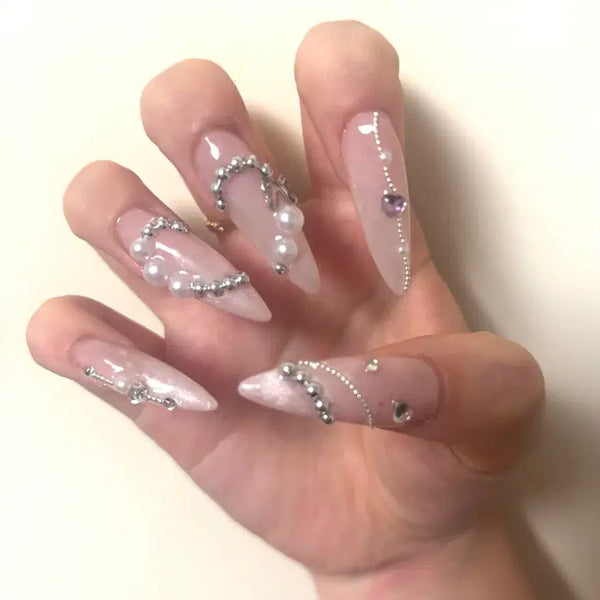 [BUNJANG] Handmade Pearl Heart Chain Nail Tips / 수제 네일팁 진주 하트 체인 네일