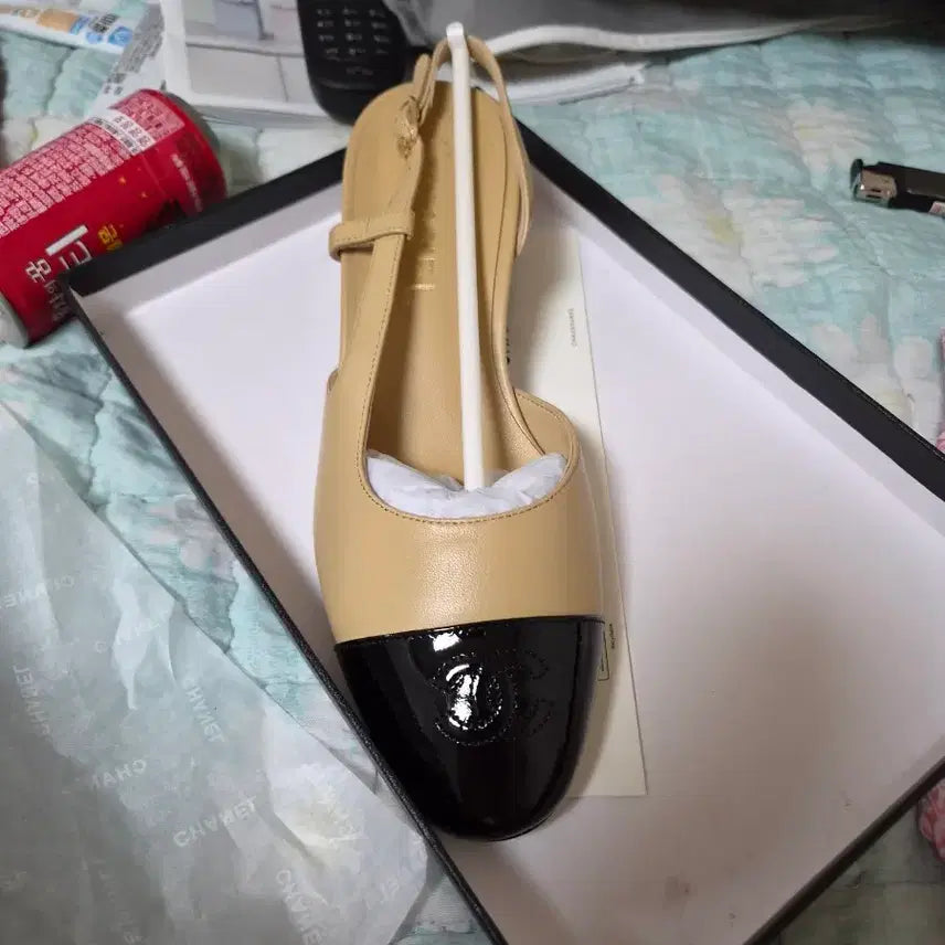 [BUNJANG] Chanel Middle Heel Slingback Goat Skin Grosgrain Beige / 샤넬 미들굽 슬링백 고트 스킨 그로그랭 엔 베이지블