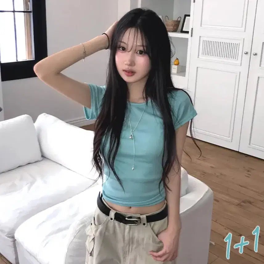 [BUNJANG] Mintcore Round U-Neck Short Sleeve T-Shirt Cropped Tee / 에이블리 민트코어 라운드 유넥 반팔 티셔츠 크롭티