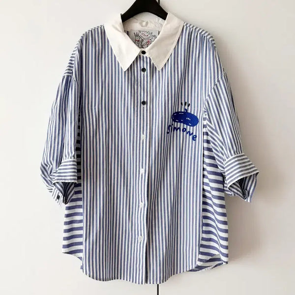 [BUNJANG] O'2nd Striped Embroidered Shirt Loose Fit / O'2nd 스트라이프 자수 셔츠 루즈핏 상태 최상